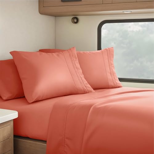 Image of Nestl Orange Short Queen Sheets for RV, Hotel Luxury RV Queen Sheets Set, 4 Piece Fitted Bed Sheet Set and Pillowcases, Super Soft, Wrinkle-Free, and Breathable Camper Bedding