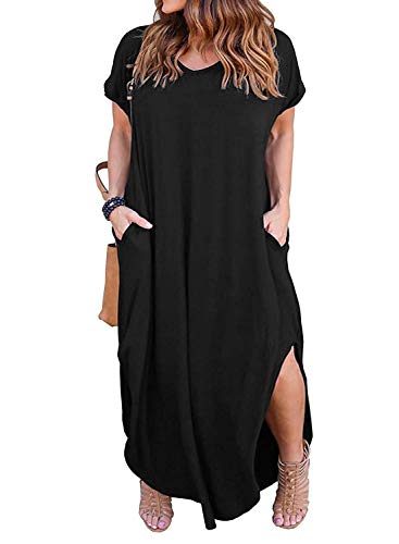 Image of Women's Plus Size Maxi Dresses V Neck Casual Short Sleeve Loose Pocket Slits Long Dress XL-5XL