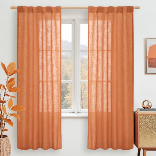 Image of LAMIT Burnt Orange Linen Curtains for Bedroom, 72 Inch Length Light Filtering Semi Sheer Panels Back Tab and Rod Pocket Neutral Drapes for Living Room, 2 Panels, 34 x 72 Inch