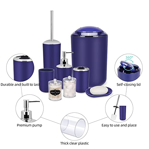 Imavo Bathroom Accessory Set - 8 Pcs Blue Bathroom Accessories Set With Trash Can, Soap Dispenser, Soap Dish, Toothbrush Holder, Toothbrush Cup, Toilet Brush Holder, Qtip Holder Dispenser With Labels #TOP4