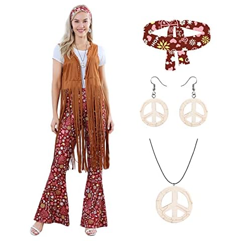 70s Hippie Costume for Women, 60s Hippy Costume Outfits Fringe Vest Boho Pant with Peace Sign Necklace Earrings And Headband Cover