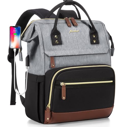 Laptop Backpack for Womem Work Bags: 18 Inch Travel BackPacks With USB Charging Port Anti Theft Durable Back Pack Fashion College BookBag Purse Bussiness Daypack for Nurse Teacher Black Grey Brown