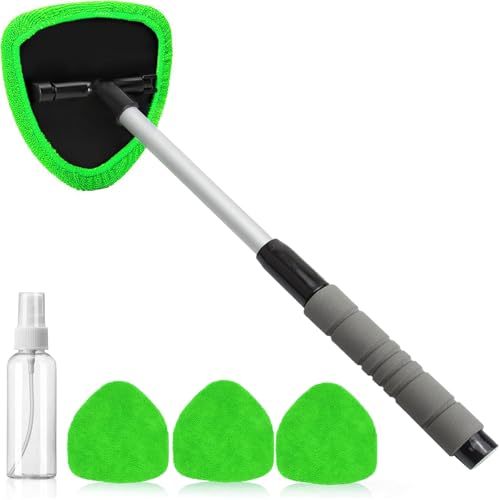 desin Windshield Cleaning Tool, Car Window Cleaner Windshield Cleaner with 4 Reusable and Washable Microfiber Pads and Extendable Handle Auto Inside Glass Wiper Kit (Green)