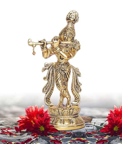 Estatua de Krishna tocando flauta, acabado dorado, 22 cm