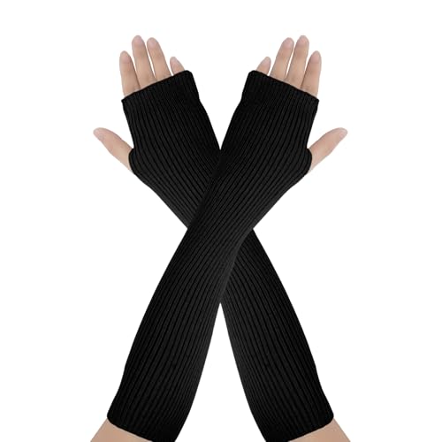 AUYAO Mieszanka wełny ciepłe ocieplacze na ramiona, rękawiczki bez palców o fakturze kaszmiru z otworem na kciuk, długie rękawiczki bez palców sięgające łokcia, rozciągliwe damskie ciepłe długie