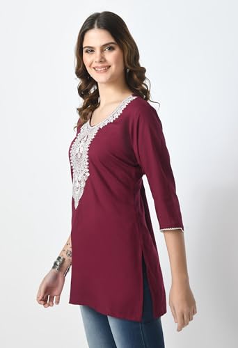Image of LIBOZA Short Kurti for Women - Lakhnowi Chikankari Embroidered Ladies Kurta, Stylish Girls Top, Ethnic Half Kurtas, Tunic Design Woman Kurtis