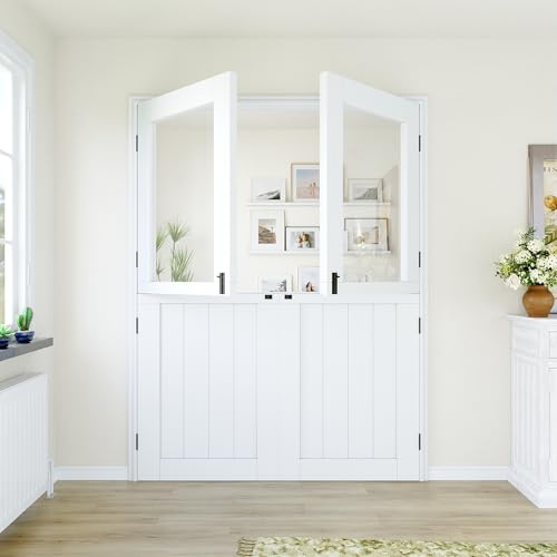 Swinging Double French Dutch Doors, 60x80 Inch White Interior/Exterior Patio Door with Single Pane...