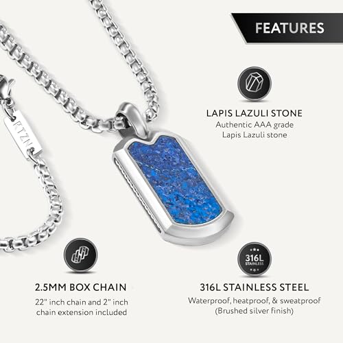 RTZN® Lapis Lazuli Necklace for Men – Premium Handcrafted Lapis Lazuli Pendant Necklaces - Blue Lapis Pendant Necklace Dog Tag with Stainless Steel Chain 22" Inch + 2" Extension3