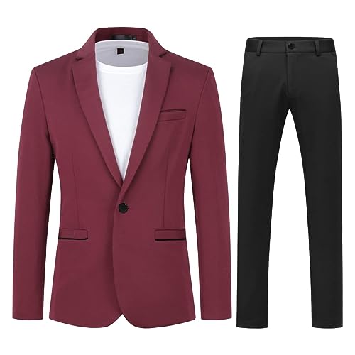 Allthemen Men's 2 Pieces Suit Slim Fit One Button Suits Casual Stylish Wedding Dress Suit Red (Black Pants) M