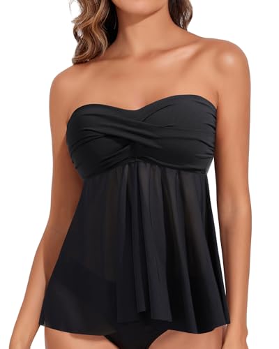Women Bandeau Tankini Top Only Mesh Strapless Swimsuits Top Halter Flyaway Bathing Suits No Bottom