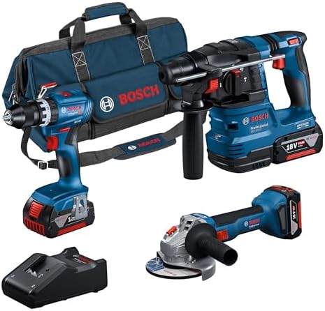 Bosch Professional 18V System Akku-Combo Kit: GSB 18V-45 + GBH 18V-22 + GWS 18V-8 (inkl. 3x GBA 4.0Ah, GAL 18V-40, Werkzeugtasche) – Amazon Exclusive