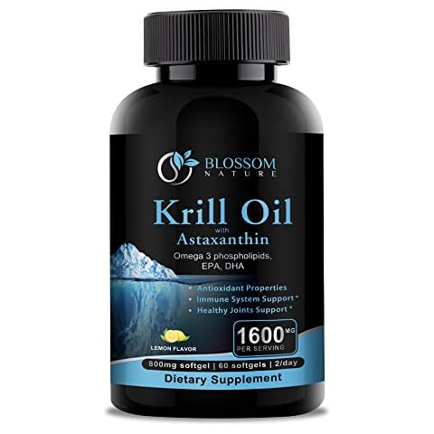 Antarctic Krill Oil 1600mg with Astaxanthin 2mg Fatty Acids EPA 174mg, DHA 120mg, Phospholipids 550mg -Support Healthy Joints Hair Skin-800mg per Softgel, 60 Krill Oil Softgels with lemon flavor Cover
