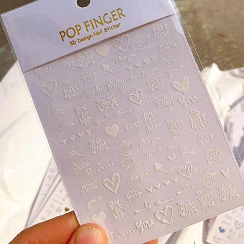 6 Sheets Heart Nail Art Stickers 3D Self-Adhesive Hearts Nail Decals Black White Gold Silver Laser Heart Love Nail Design English Letter Nail Stickers For Acrylic Nails Valentines Nail Accessories #TOP5