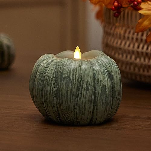 Image of Luminara Pumpkin Figural Flameless Flickering Moving Flame LED Candle (5.25 inch x 4.5 inch), Smooth Real Unscented Wax, Time Function (Iceberg Green)