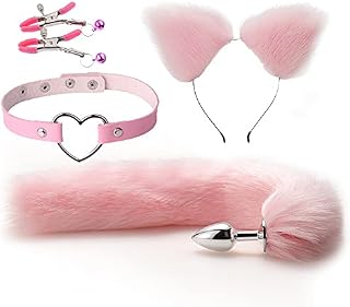 QiKKago Juego De Fox De 4 Piezas En La HabitacióN De Peluche Rosa Multifuncional Y Encantador, con Pendientes De Gatito Y Collar De Cuero - D12