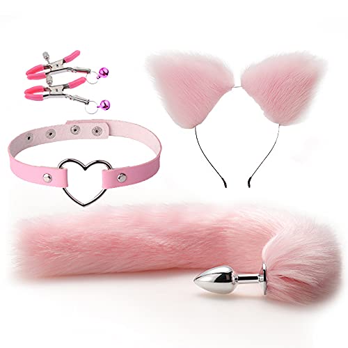 Women's Color Pink Furry Fox Tail Ear Headscarf Role-Playing Game Costume Accessories Set Cosplay Costume Fox Tail Costume Accessories