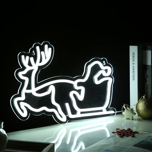 Image of Santa Claus And The Sled Neon Sign Christmas white LED Sign Light,Art Wall Decorative Night Light 3 Colors for Indoor Party Kids Bedroom Wedding Bar Pub Club Christmas Decor,15.94 inch*11.22 inch