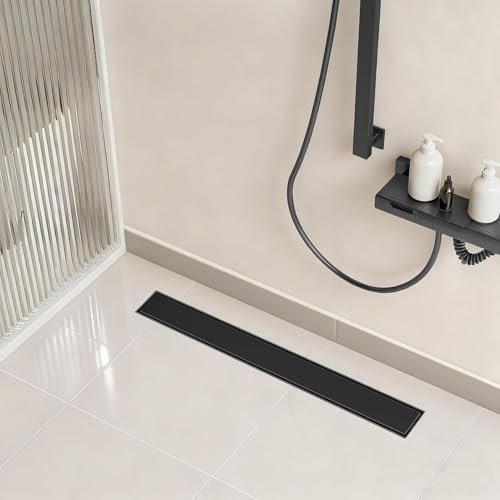 Image of Tapsa Tile Insert Floor Drain | 304 Stainless Steel | Invisible Shower Drain Channel | Shower Drain Channel | Water Drain Channel | with Cockroach Trap. (24X4, Black Matte 20 mm)