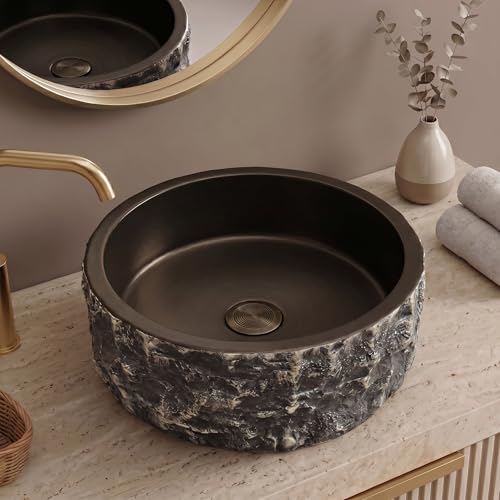 Image of BASSINO 16x16x6 Inches Artificial Stone Table Top Washbasin /Premium Counter Top Wash Basin Matte Black-Bronze with Stone Textured /Modern Rock Basin for Home-Hotel /Designer Round Shape Sink(Matt)