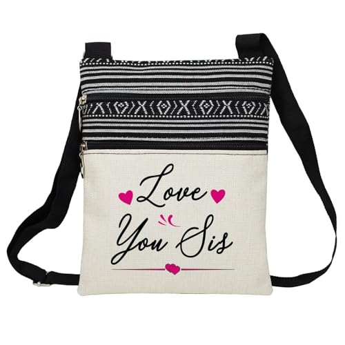 Love You Sis Messenger Bag Small Ethnic Pattern Printed Adjustable Strap Crossbody Zipper Bag Phone Bag Wallet Cute Shoulder Handbag for Sisters Women