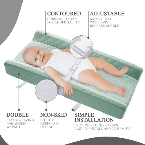 Image of Organic Cotton Covered Contoured Baby Changing Pad | Waterproof Foam Mattress, Soft, Removable & Washable Cover, Safety Strap, Non-Slip Bottom, Topper for Standard Size Infant Diaper Table & Dresser