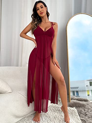 Soly Hux Women's Sexy Split Thigh Mesh Slip Chemise Nightgown Sleeveless V Neck Babydoll Nightdress Valentines Day Sleepwear Solid Burgundy M #TOP4