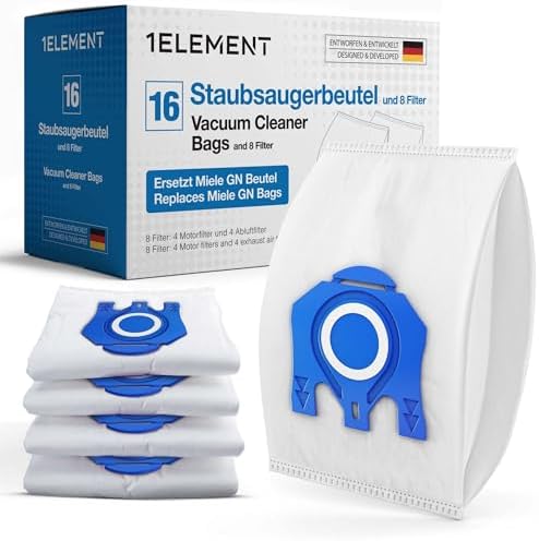 16 Staubsaugerbeutel Typ GN für Miele Complete C3, C2, Classic C1 | Ersetzt GN · 24-teiliges Set mit 4 Motor- und 4 Abluftfiltern · Mehrschicht-Mikrofaser hält Feinstaub und Allerg