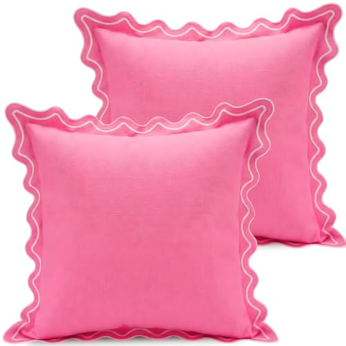 Novabright 2 Pack Outdoor Waterproof Pillow Covers Decorative Farmhouse Garden Pillowcase Scalloped Throw Cushion Cases for Patio Porch Tent Sofa Living Room Decor (Pink,18 x 18 Inch)