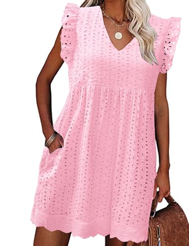 heekpek Vestidos Verano Mujer Sin Mangas con Volantes Cuello V Algodón Mini Vestido Mujer Sueltos Hueco de Flores Jacquard Casual Vestidos de Playa con Bolsillos, Rosa Claro, L