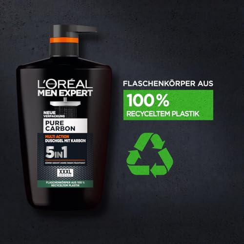 L'Oréal Men Expert XXXL 5in1 Duschgel und Shampoo für Männer, Duschbad zur Reinigung von Körper, Haar und Gesicht, Herren Körperpflege für langanhaltende Frische mit Karbon, Pure Carbon, 1 x 1000 ml