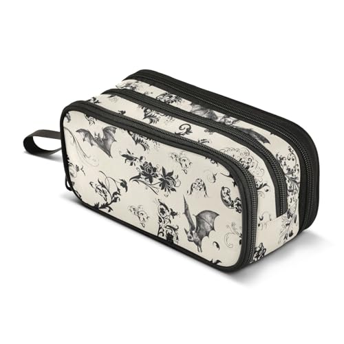 Image of ZAZYXTJ Goth Bat Large Capacity Pencil Case 3 Compartment Pen Pouch Storage Canvas Makeup Bag for School Office Teen Girl Boy Men Women