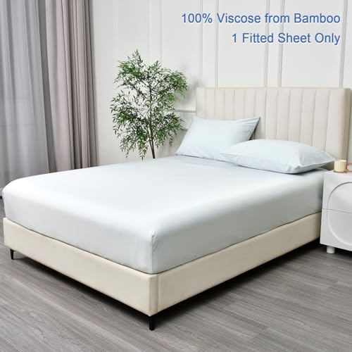 PHF 100% Rayon Derived from Bamboo Fitted Sheet King Size, 16" Deep Pocket,2.5cm Wider Strong Elastic Easy Fit, Breathable Silky Soft Skin-Friendly for Hot Sleeper, 78"x 80", Ice Blue, No Pillowcase