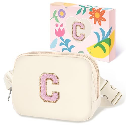 Image of COSHAYSOO Birthday Initial Gifts for Teen Girl 6 7 8 9 10 11 12 13 14 Year Old, Girls Fanny Pack Crossbody Shoulder Purse Unique Cute, Ivory Chenille Letter C