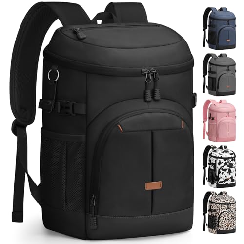 Pritent Cooler Backpack for Men Women Insulated Waterproof Backpack Coolers Leak Proof Cooler Bag Lightweight Lunch Backpack for Camping Beach Travel Picnic(Black,30 Cans)