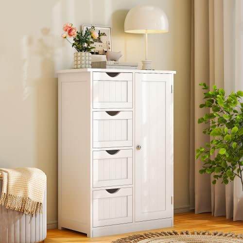Bonnlo Small Storage Cabinet Wooden Bathroom Floor Cabinet Small Space Furniture White Side Storage Organizer with 4 Drawers and 1 Cupboard Adjustable
