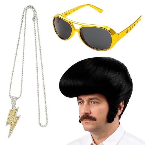 3-Piece Rock Legend Wig Set Mens Black Wig for 50s 60s Rocker Costume Includes Retro Glasses and Necklace Ideal for Halloween and Theme Parties