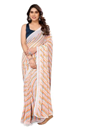 Image of ROOP SUNDARI SAREES Readymade Pleated Pre Drape Stitched Floral Printed Georgette Saree For Women's With Lace Border & Blouse(Ready To Wear One Minute)