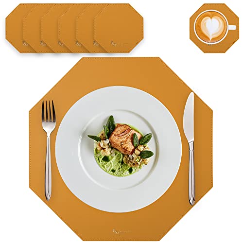 BW BlackWhite Store Lot de 6 sets de table octogonaux lavables en cuir synthétique imperméable,Lavable,Aspect cuir,Jaune moutarde,37x37 cm,10x10 cm,Pour la maison, l'hôtel et le restaurant