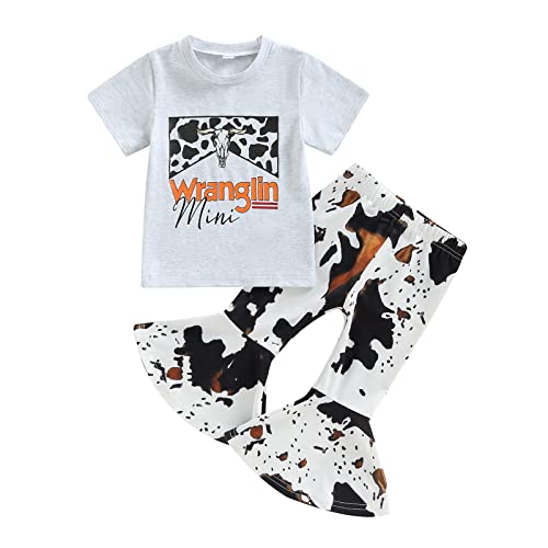 Image of Toddler Kids Baby Girl Western Bell Bottoms Outfits Short Sleeve Cow Print T-Shirt Tops Flare Pants Set Cowgirl Clothes