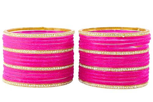 Image of NMII Fancy Glass Golden Zircon Diamond Stone & Velvet Finish Plain Bangles Set For Women & Girls | Glass Velvet Bangles | Kanch ki Chudiyan | Girl's Bangles Bracelet | Fashion Jewellery- Set of 32