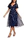 Ever-Pretty Women's V Neck A Line Cocktail Dresses Embroidery Short Sleeves Midi Sequin Formal Wedding Guest Dress Navy Blue US8