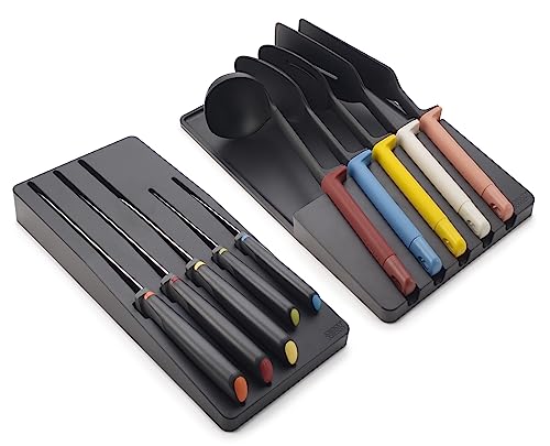 Joseph Joseph Elevate Ensemble de Couteaux de Cuisine et Ustensiles, avec Bloc Rangement dans le tiroir, 10 pièces, Noir/Multicolore