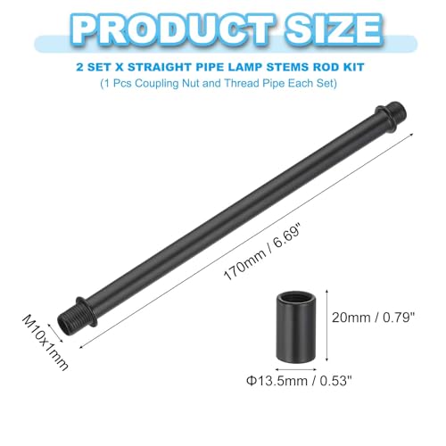 Image of PATIKIL Straight Pipe Lamp Stems Rod Kit, 2 Set M10 Carbon Steel 170mm(6.69 inch) Long Double End Thread Rod with Coupling Nuts Sleeve Connector for Table Lamps Chandeliers,Black