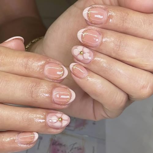 Nude Pink Press on Nails Short Almond Fake Nails with 3D Flower &...