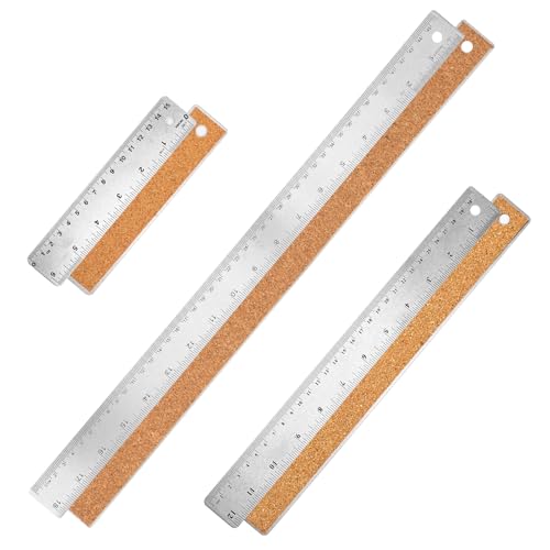 Metal Ruler with Cork Backing 6+12+18 Inch Stainless Steel Metal Ruler Non-Slip Rulers with Inch and Centimeters Straight Edge Cork Base Rulers for Drafting Office Tools Prevent Ink Leakage