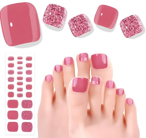 Beaolata Semi Cured Gel Nail Strips - 26 PCS Salon Quality Toe Gel Nail Stickers for All UV Light - Longlasting & Easy Remove Toe Wraps Art Kit for Women (Hot Pink)