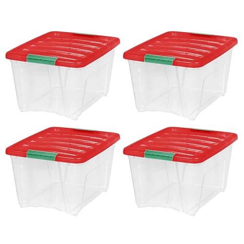 32 Quart Christmas Storage Bins with Latching Lids (4-Pack)， Clear