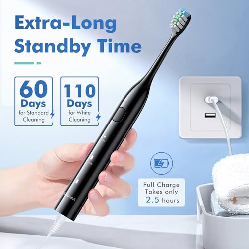Image of Electric Toothbrush with 8 Brush Heads, Sonic Electric Toothbrush with Fast Charge 4 Hours Last 60 Days, 2-Min & 30s Smart Timer, IPX7 Waterproof (Black)