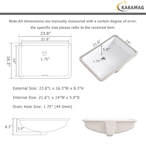 Image of 24 Inch Undermount Bathroom Sink Rectangle Undermount Sink White Ceramic Under Counter Bathroom Sinks with Overflow (23.8 inchx16.3 inch)