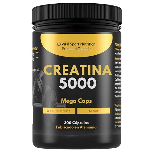 Creatina 5000 Mega Caps, 5000 mg creatina monohidratada/día, 300 cápsulas veganas, 100% pura, control laboratorio